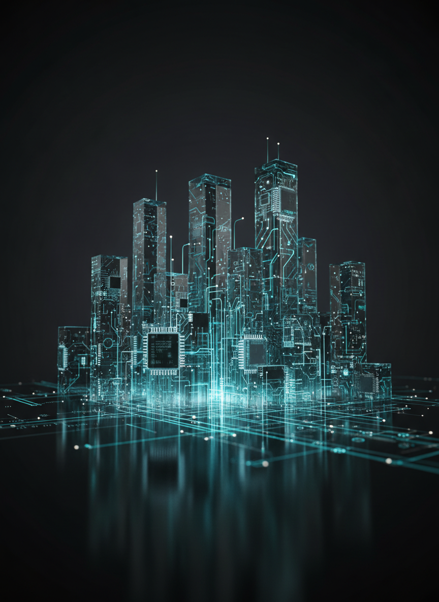A sophisticated concept of digital transformation represented by a transparent, three-dimensional cityscape made of glass-like circuit boards and glowing network lines, rising from a reflective black surface. Abstract buildings are composed of microchips and traces, with soft blue and teal light flowing along the connections, symbolizing integrated cloud services, software, and infrastructure. The background fades into a dark gradient, keeping attention on the luminous city. Subtle rim lighting defines the edges of the structures. Photographic, hyper-real aesthetic with a slightly low camera angle and deep depth of field, creating a bold, visionary, and highly professional mood suited for showcasing innovation and long-term technology growth strategy.