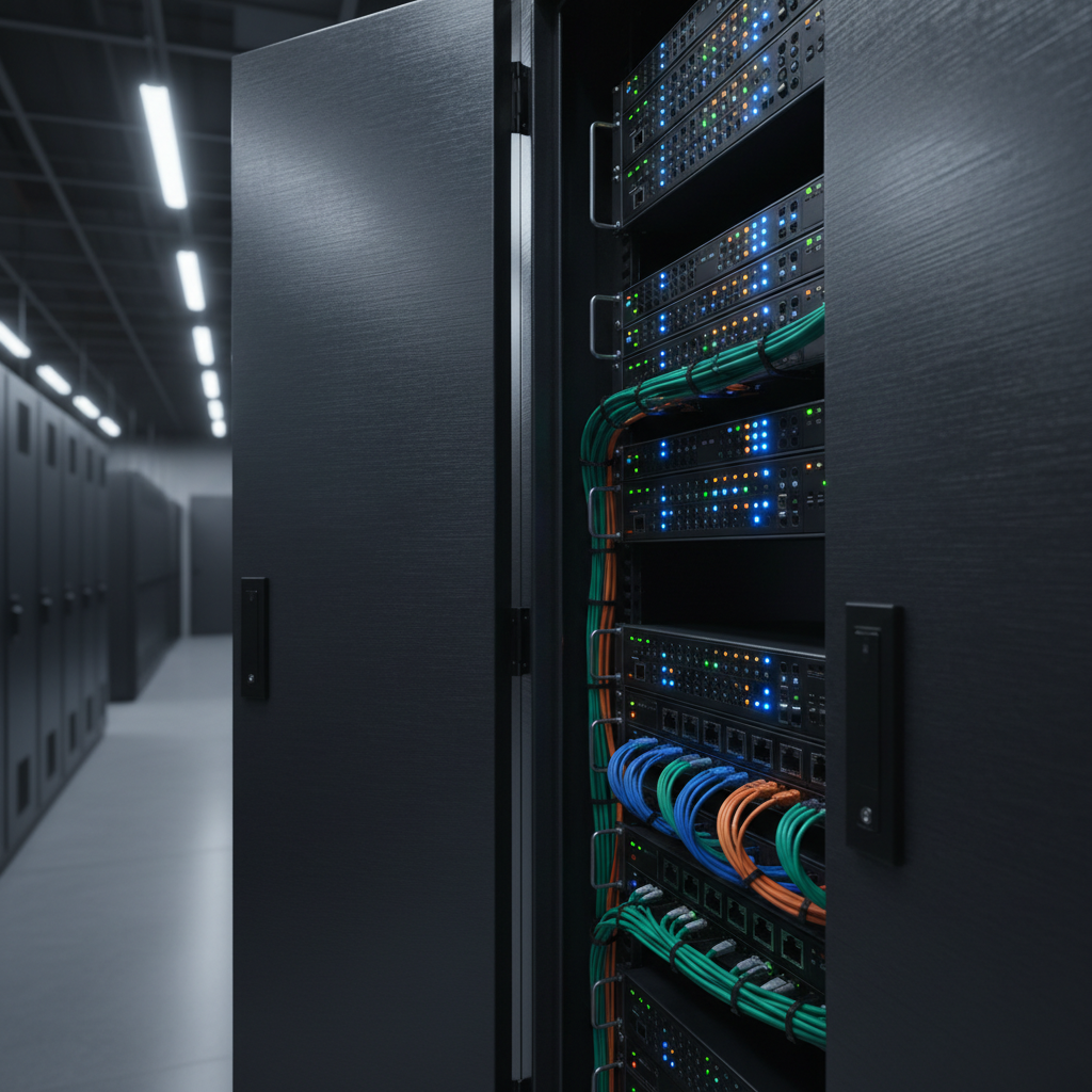 A close-up of a dark brushed-metal server rack door slightly ajar, revealing meticulously arranged network switches and servers with organized blue, green, and amber status LEDs. The interior cabling is perfectly routed in color-coded bundles, conveying precision and reliability. The scene is set in a spotless, dimly lit data center corridor with other server racks softly blurred in the background. Cool, directional lighting from above highlights metallic textures while the LEDs provide a subtle ambient glow. Photographic realism, shot from a slightly low angle with a medium depth of field, creating a confident, high-end cybersecurity and infrastructure upgrade aesthetic.