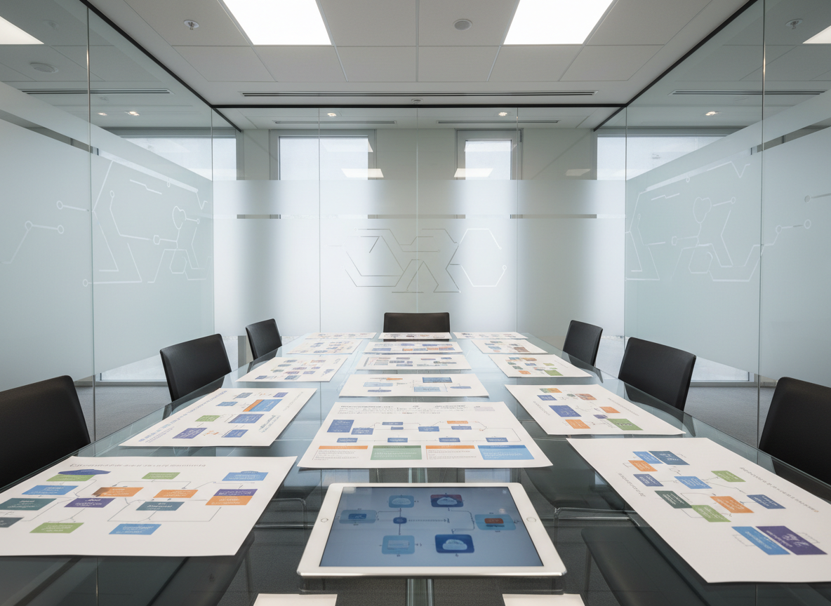 A clean, glass-topped meeting table in a high-tech conference room, covered with carefully arranged printed system architecture diagrams, cloud migration roadmaps, and flowcharts with colorful but non-legible blocks and arrows. A slim aluminum tablet lies on the table, its screen showing a blurred schematic of a hybrid cloud environment. Frosted glass walls surround the room, with abstract geometric patterns etched into the surface. Bright, even overhead lighting and subtle daylight from a side window create a clear, neutral tone. Photographic realism, shot from a slightly elevated angle, with sharp focus across the documents, conveying structure, planning, and strategic IT transformation.