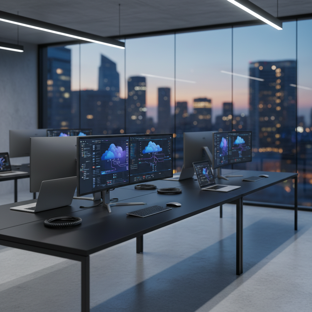 A sleek, modern IT consulting workspace without any people, featuring a long matte-black desk lined with dual-monitor workstations displaying abstract dashboards and cloud diagrams. Slim silver laptops and neatly coiled cables rest beside minimalist keyboards. In the background, a glass wall reveals a blurred city skyline at dusk. Cool, diffused overhead LED lighting mixes with a faint blue glow from the screens, casting subtle reflections on the polished concrete floor. Photographic realism, shot at eye level with a shallow depth of field, emphasizing clarity, professionalism, and a calm, focused atmosphere ideal for a technology strategy homepage hero image.