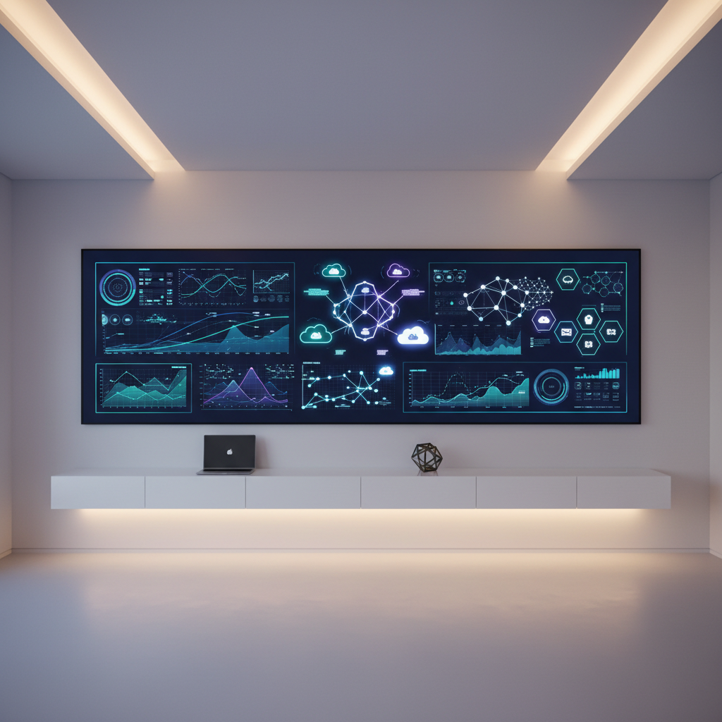 A large, ultra-wide digital dashboard interface displayed on a frameless wall-mounted screen in a minimalist office, showing stylized but unreadable analytics charts, network diagrams, and cloud icons. Below the screen, a slim floating white console holds a single closed graphite-gray laptop and a small geometric metal sculpture. Soft, indirect LED strip lighting runs along the ceiling and under the console, creating gentle gradients on the matte white walls. The mood is analytical and forward-thinking. Photographic realism, composed with a wide-angle lens and centered framing, ideal for illustrating performance monitoring, risk assessment, and executive IT consulting insights without any human presence.
